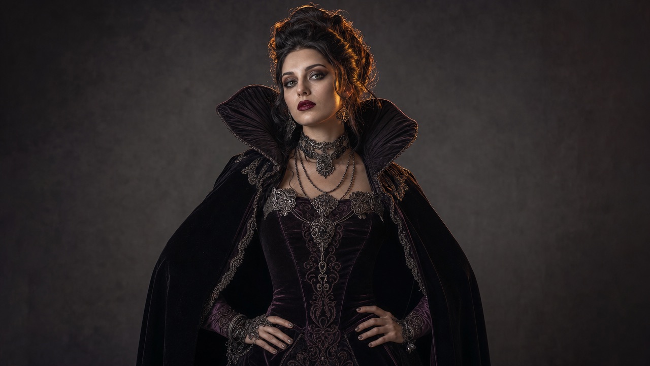 AI Halloween costume generator example portrait with a detailed costume and cinematic lighting