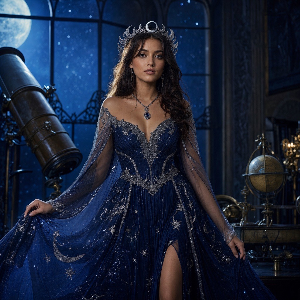 AI-generated cosmic princess Halloween portrait with a midnight-blue gown and glowing stars