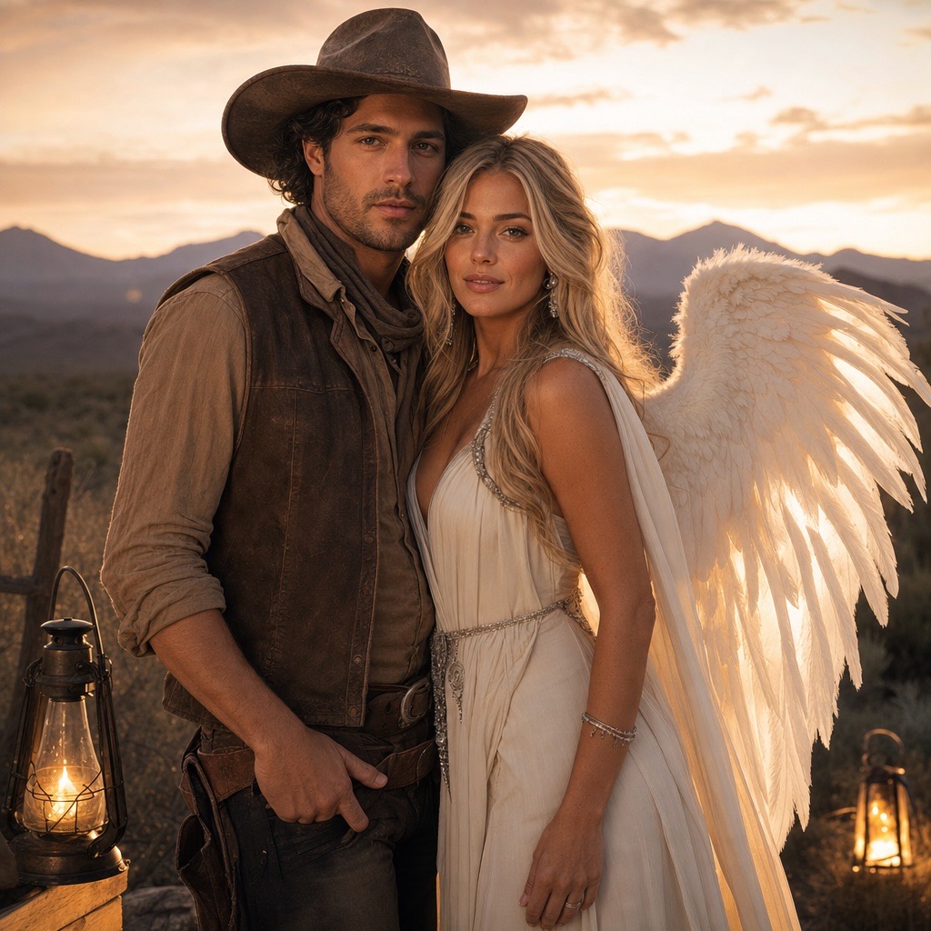 AI-generated couple Halloween portrait with a cowboy costume and an angel costume at dusk