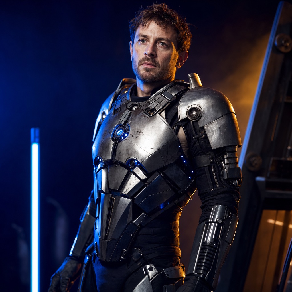 AI-generated Halloween robot costume portrait with metallic panels and blue LED accents