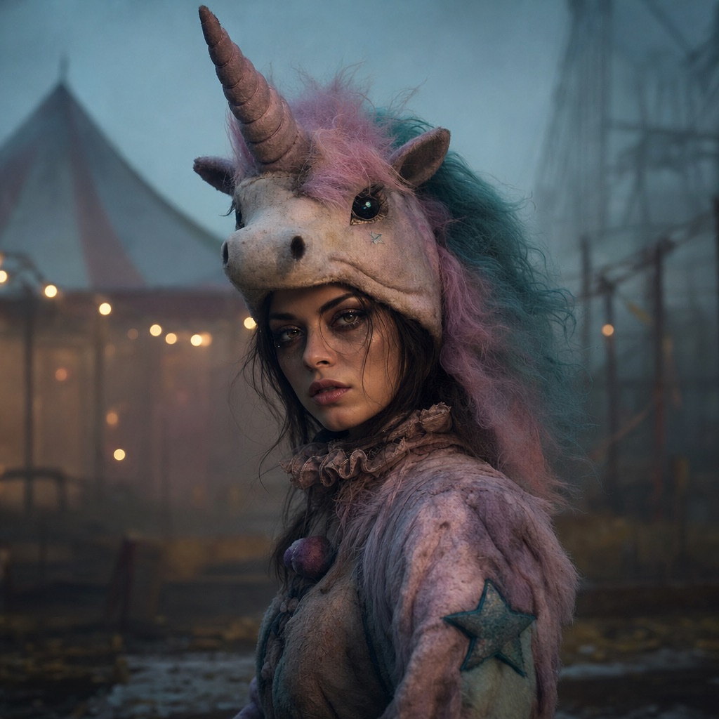 AI-generated haunted unicorn mascot Halloween costume portrait with a pastel horn and fog