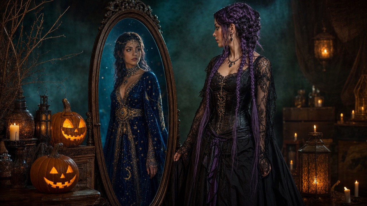 AI-generated Halloween portrait studio scene with costume looks and warm lantern light