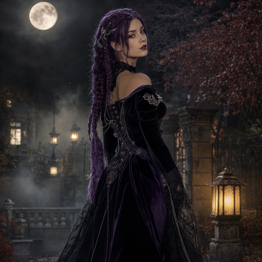 AI-generated gothic Halloween portrait with long violet braids in a moonlit garden