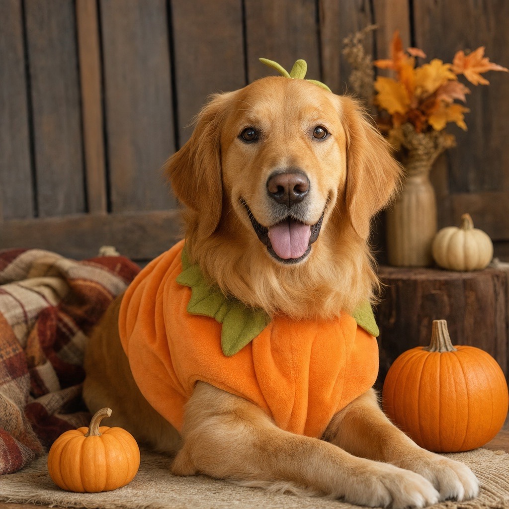 AI-generated pet portrait in a soft pumpkin Halloween costume in an autumn studio